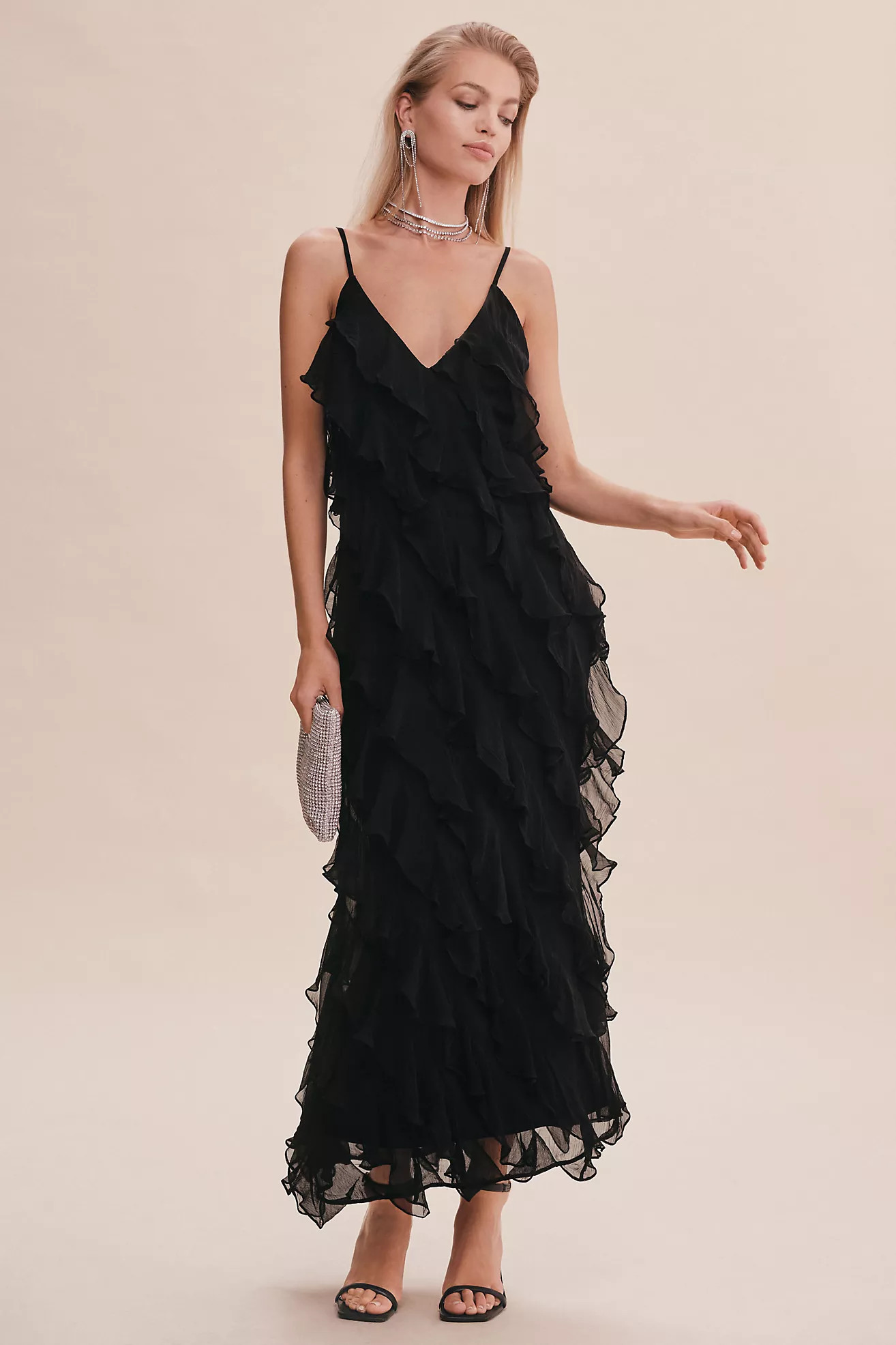 BHLDN Jia Bias-Cut Ruffled V-Neck Gown | Anthropologie (US)