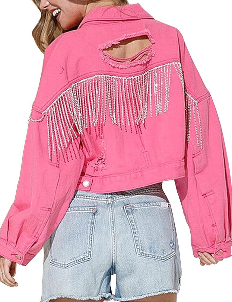 Esmeling Womens Ripped Crop Rhinestone Fringe Denim Jacket Casual Cowgirl Tassel Jean Coat | Amazon (US)