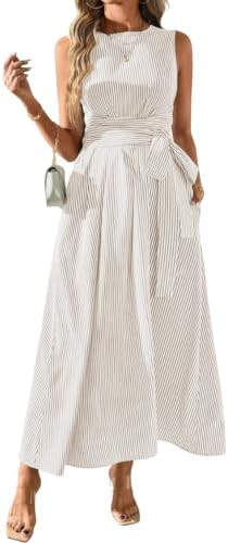 ebossy Women's Striped Shirt Dress Casual Crewneck Tie Waist Sleeveless A-Line Maxi Cotton Dress ... | Amazon (US)