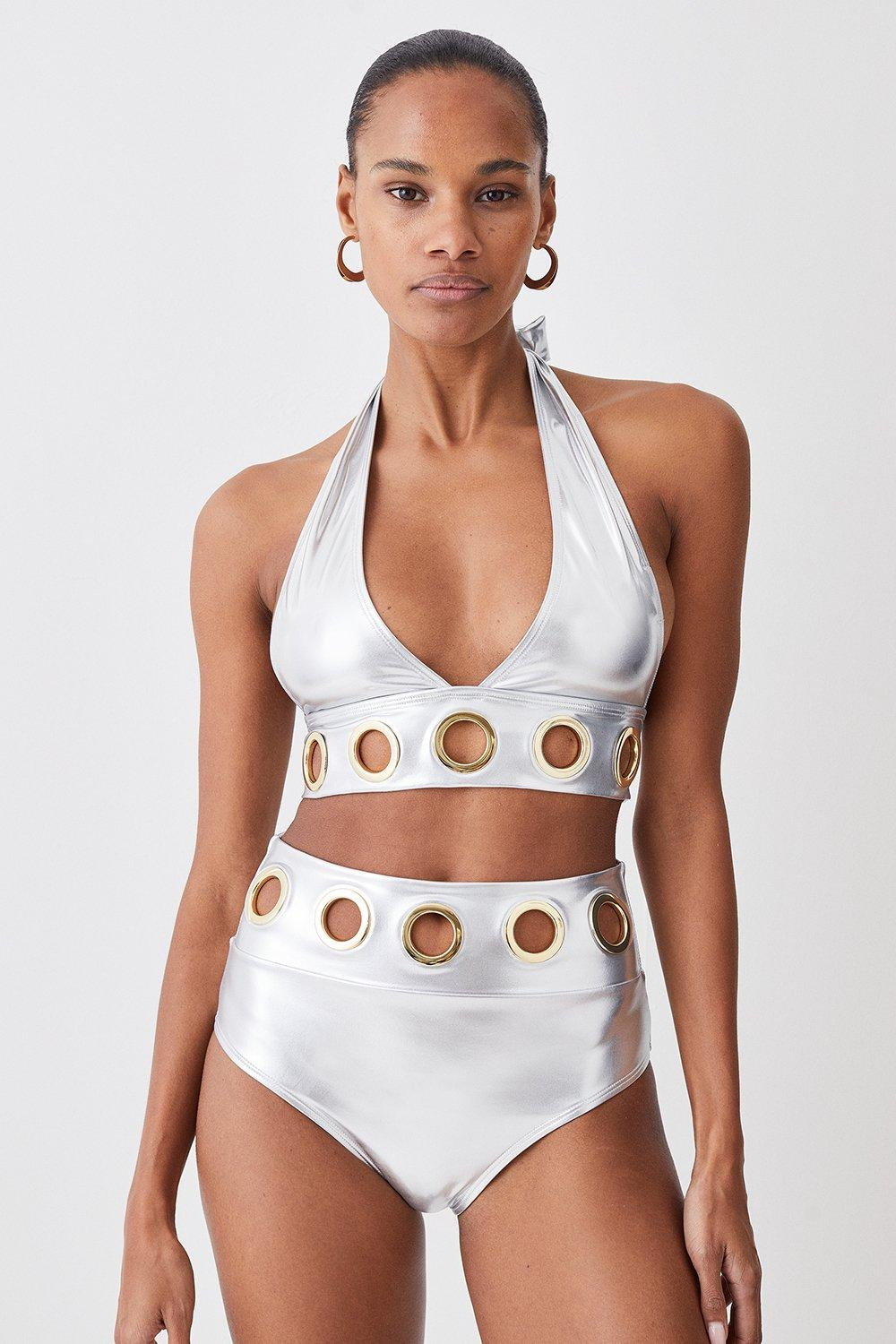 Silver Lame Eyelet Detail Halter Neck Bikini Top | Karen Millen UK + IE + DE + NL