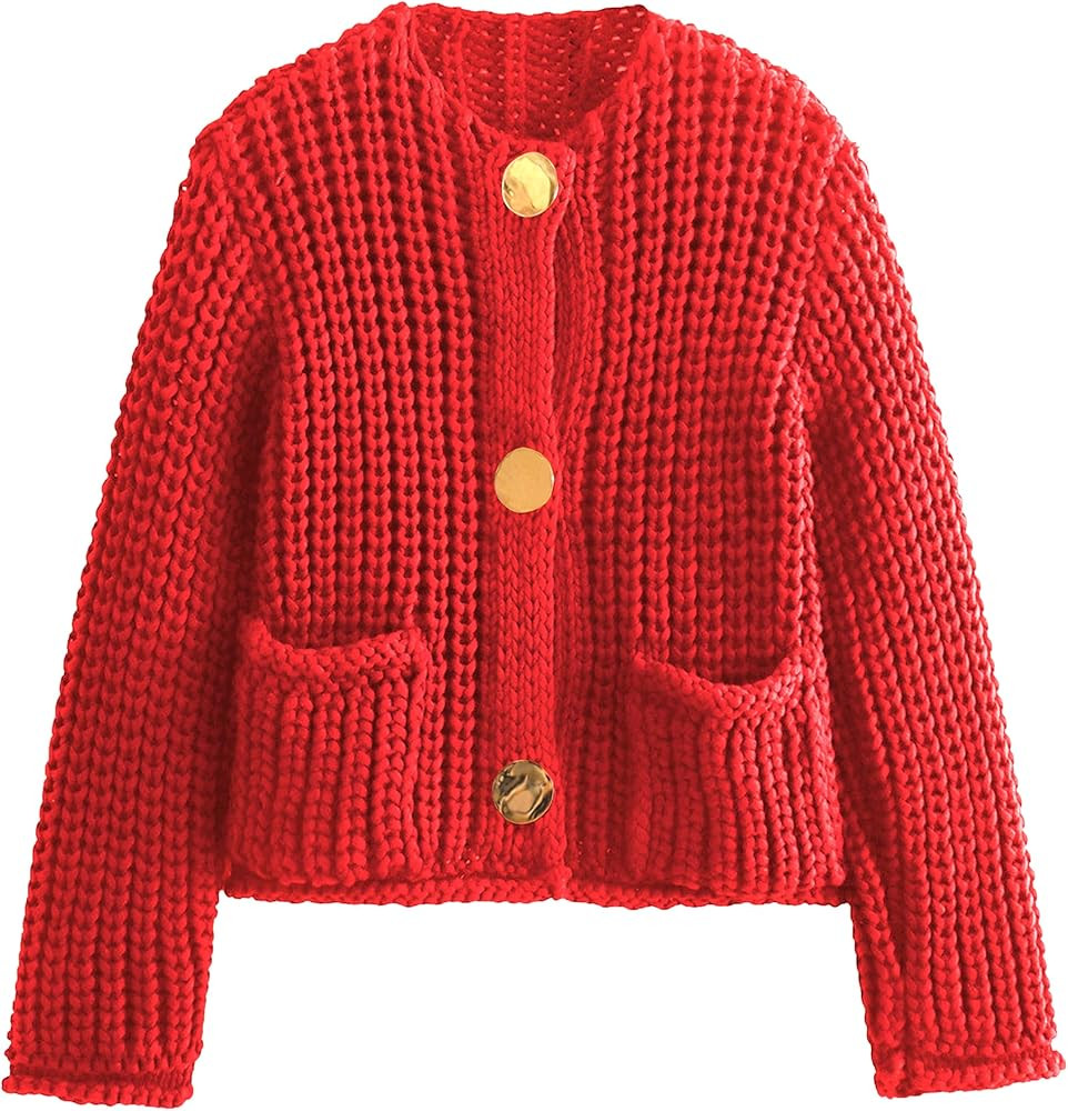 Hvewarm Womens Fall Chunky Knit Cardigan Gold Button Down Long Sleeve Crop Crochet Sweater (233-A... | Amazon (US)