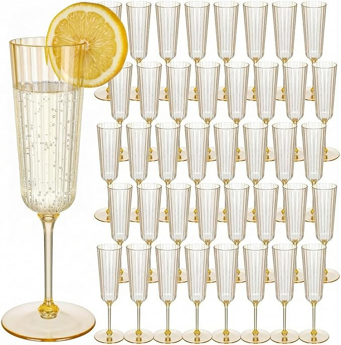 48 Pcs Plastic Ribbed Champagne Flutes With Stem, 6.4 oz Clear Vintage Disposable Vintage Glasses... | Amazon (US)