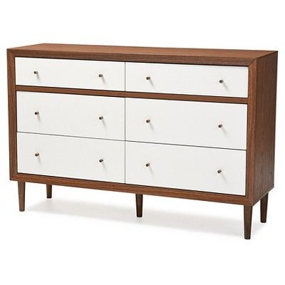 Harlow Mid-Century Modern Scandinavian Style Wood 6-Drawer Storage Dresser - White And Walnut - B... | Target