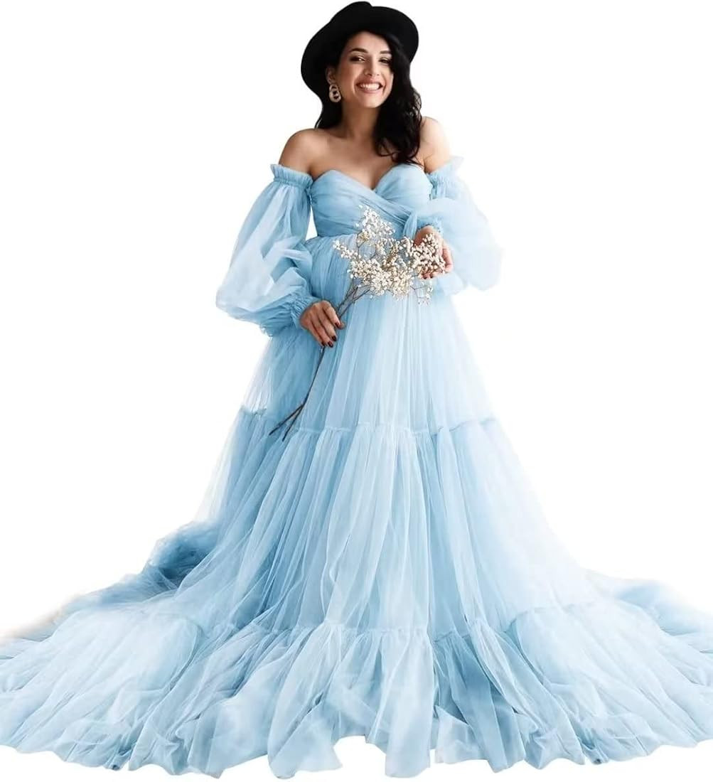 Tulle Maternity Dresses for Photoshoot Off Shoulder Robes Long Sleeve Bridal Lingerie Baby Shower... | Amazon (US)