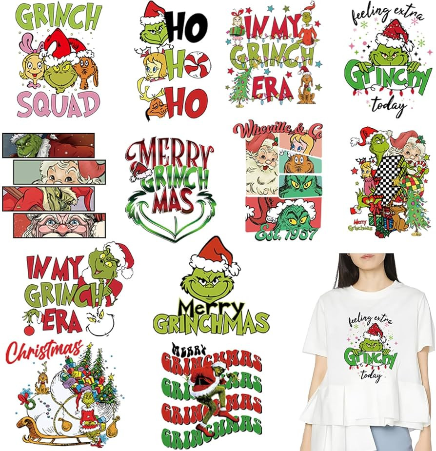 12Pcs Christmas Iron On Transfers for t Shirts, Green Monster Heat Transfer Vinyl Designs Sticker... | Amazon (US)