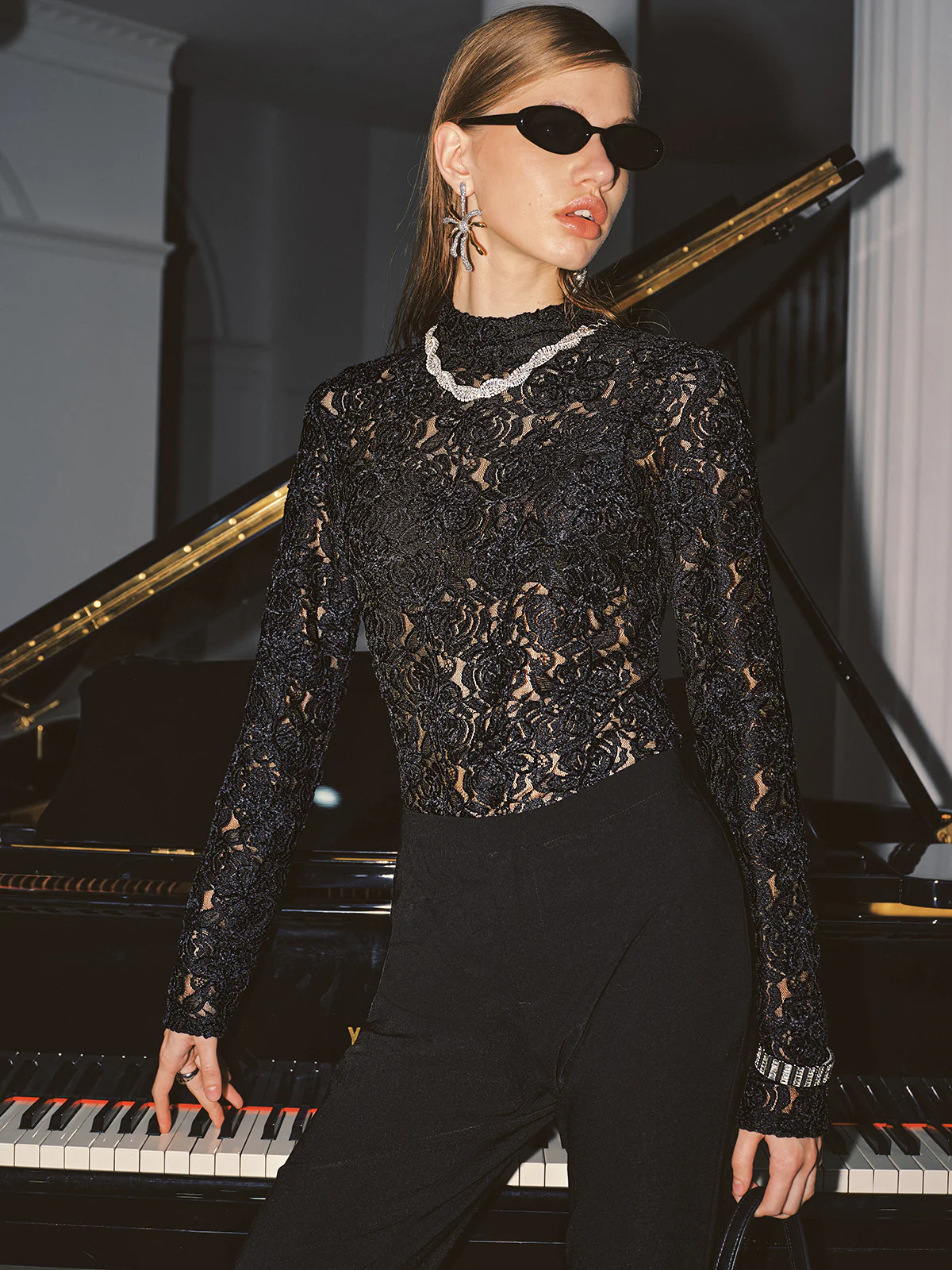 High Neck Lace Floral Long Sleeve Blouse | Commense