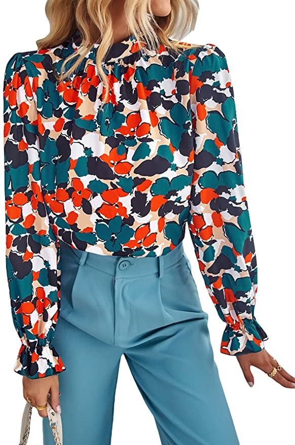 MakeMeChic Women's Floral Print Long Puff Sleeve Mock Neck Blouse Shirt Top | Amazon (US)