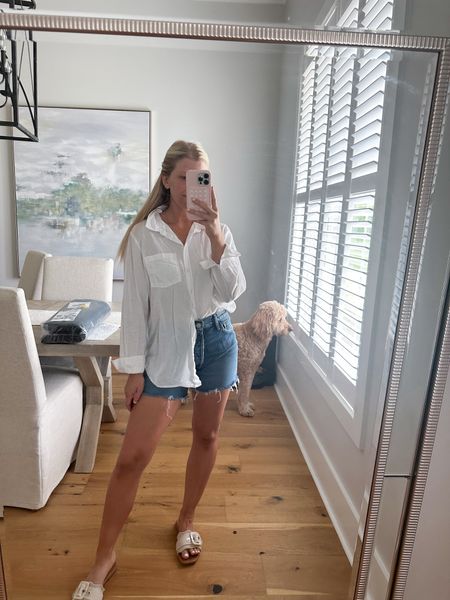 Casual classic outfit 
Mom style 
Linen button down 
Mom approved jean shorts modest shorts 
