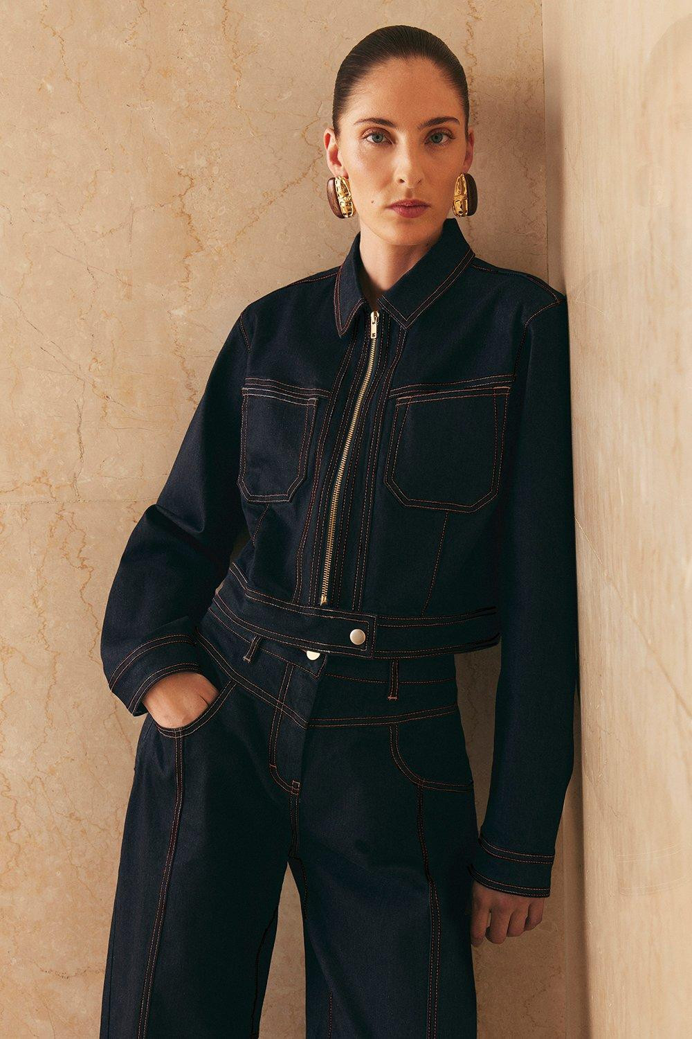 Indigo Denim Contrast Stitch Detail Zip Through Jacket | Karen Millen US