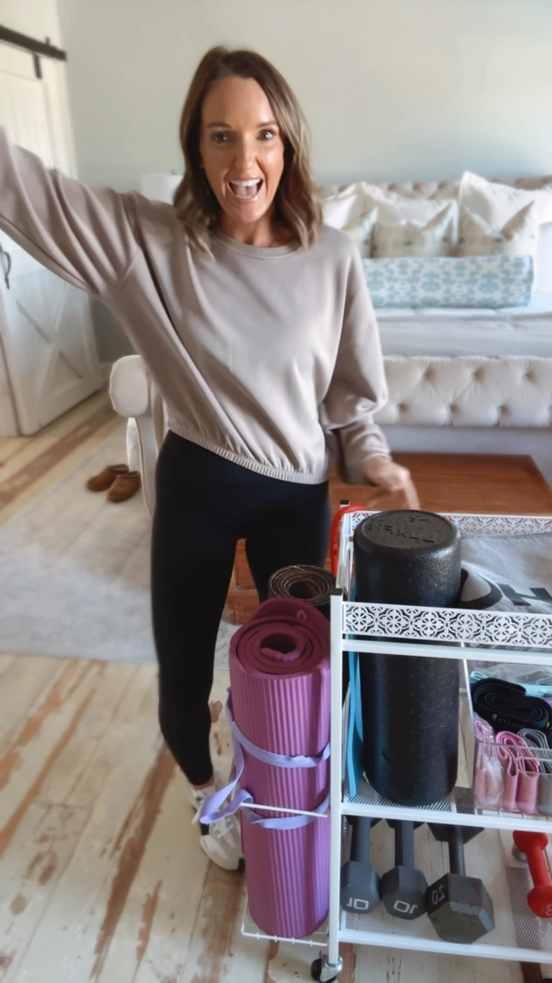 At home workout cart. 
Organized home. 
Pilates 
Weights 