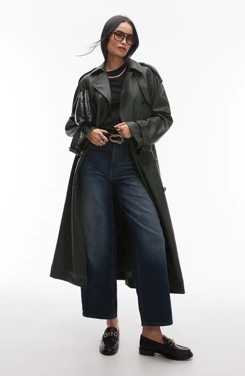 Topshop Textured Faux Leather Trench Coat in Dark Green at Nordstrom, Size Medium | Nordstrom