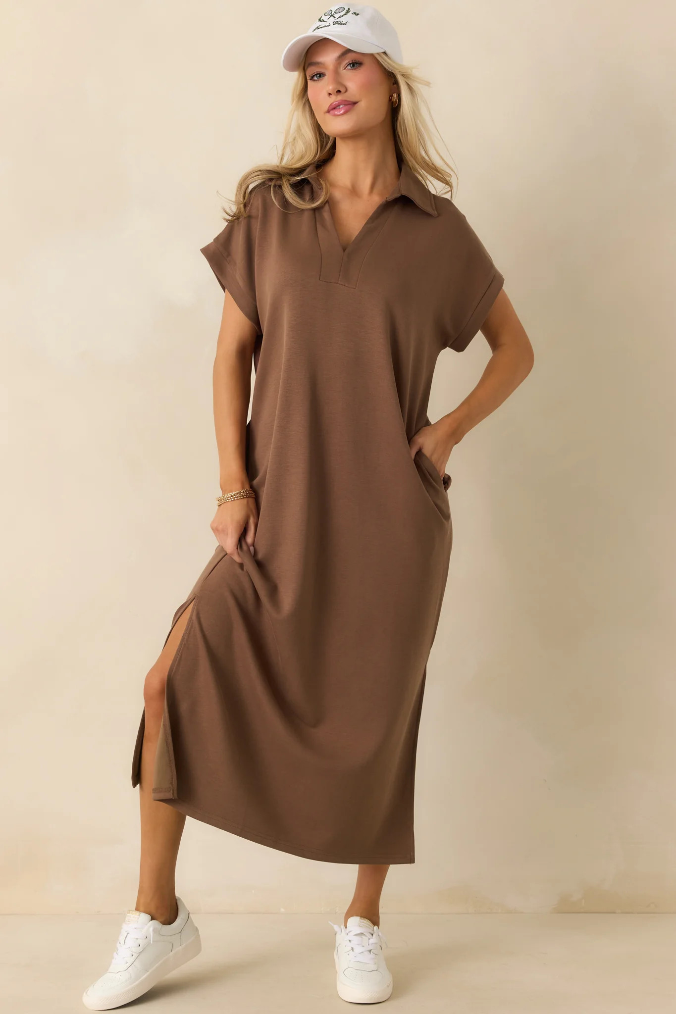 Made The Right Call Mocha Brown Collared Midi T-Shirt Dress | Red Dress