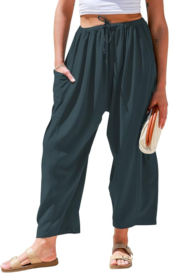TARSE Womens Linen Wide Leg Pants Casual Loose Drawstring Summer Beach Travel Vacation Palazzo Ha... | Amazon (US)