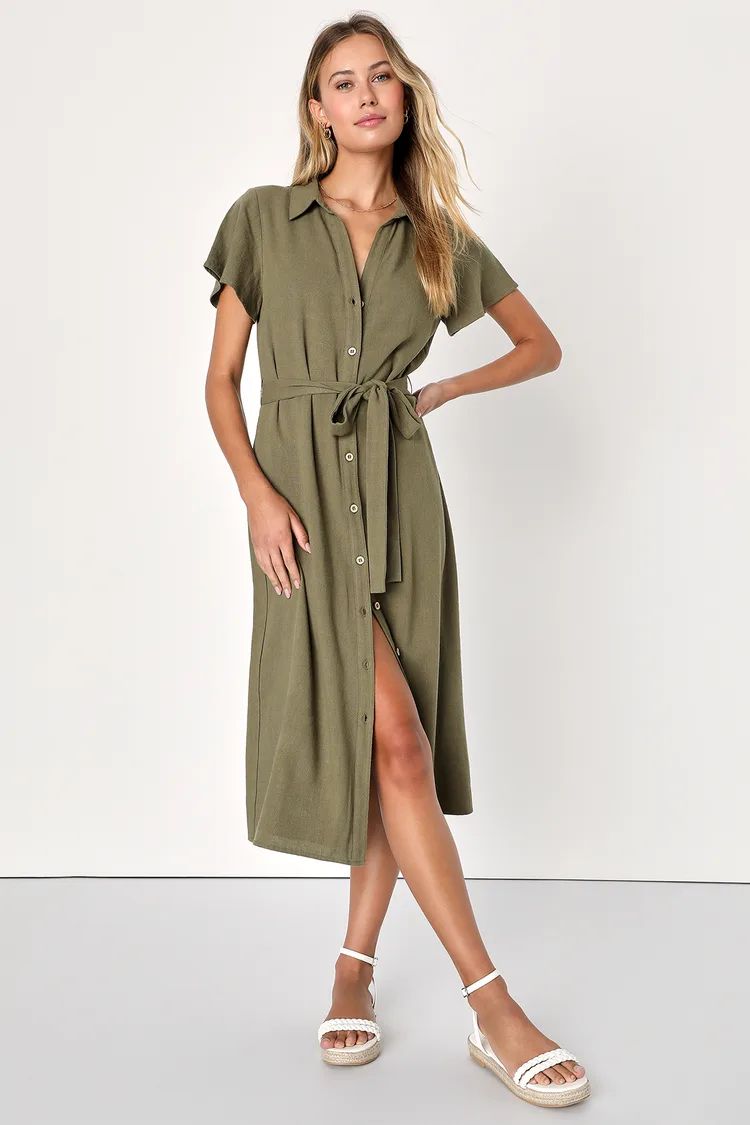 Italian Summer Olive Green Linen Button-Up Short Sleeve Dress | Lulus