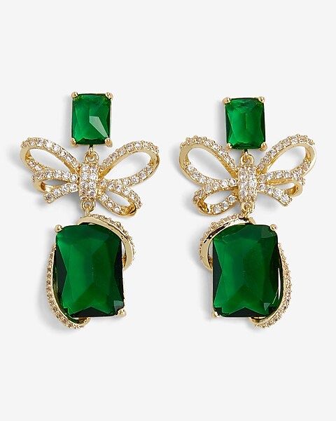 Emerald Rhinestone Bow Wrapped Double Drop Earrings | Express