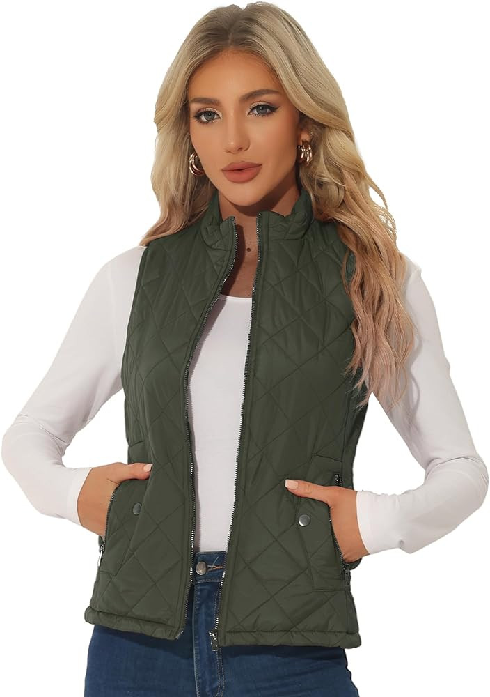 Allegra K Women's Puffer Vest Stand Collar Lightweight Gilet Quilted Zip Vest | Amazon (US)