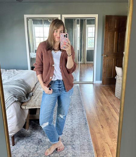 This cozy knit button up sweater is perfect for fall with a basic white tee and boyfriend jeans. Note, the color is coffee and the listing photo is inaccurate! 

#LTKfindsunder100 #LTKfindsunder50 #LTKSeasonal