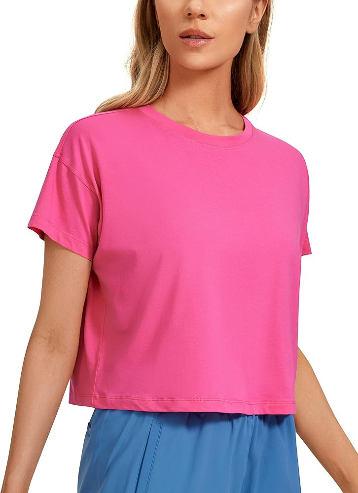 CRZ YOGA Women's Pima Cotton Workout Short Sleeve Shirts Loose Athletic Crop Tops Gym Casual Crop... | Amazon (US)