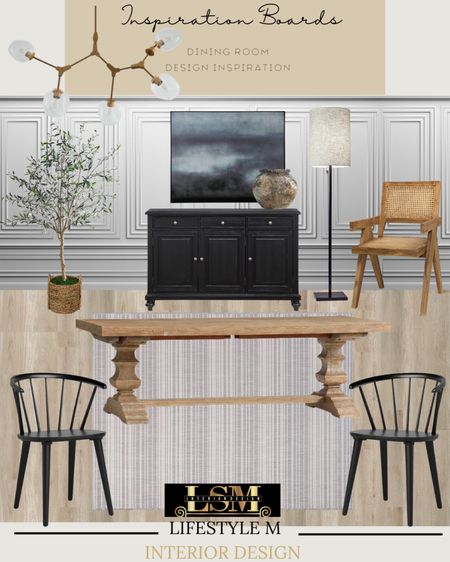 Modern farmhouse dining room inspiration. Recreate the look at home. Oak wood dining table, black wood dining chair, dining room rug, rattan tree planter, black console table credenza, wall art, dining room chandelier, wood accent chair, wood floor tile, jar vase, floor lamp.

#LTKhome #LTKFind #LTKstyletip