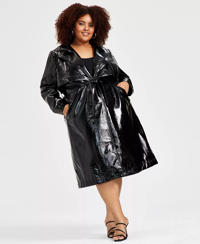 Trendy Plus Size Faux-Leather Trench Coat | Macys (US)