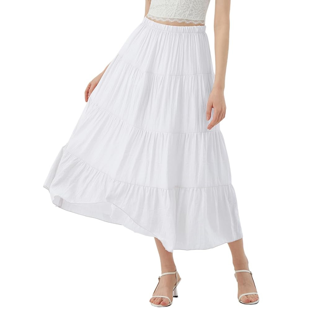 Women's Boho Maxi Skirt Summer Flowy Long Tiered A-Line Elastic High Waist Pleated Beach Skirt | Amazon (US)