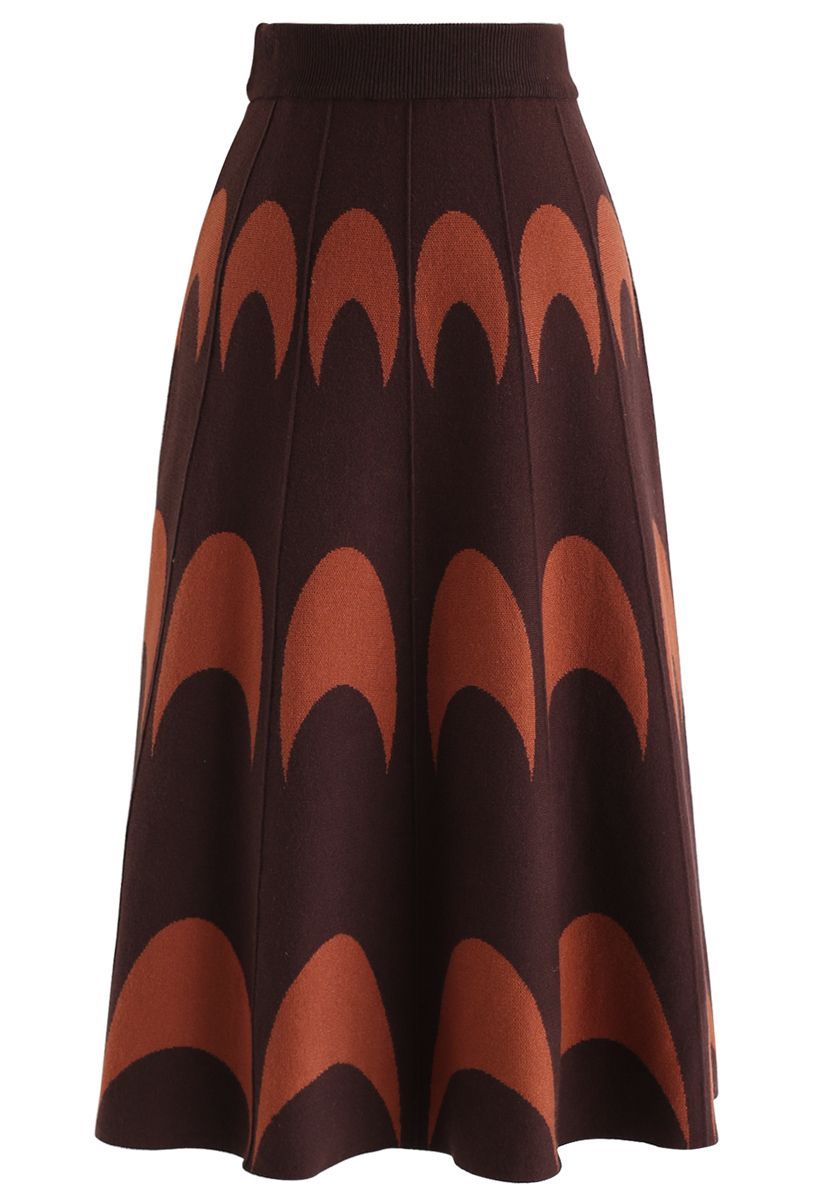 Moon Pattern Knit A-Line Midi Skirt in Caramel | Chicwish
