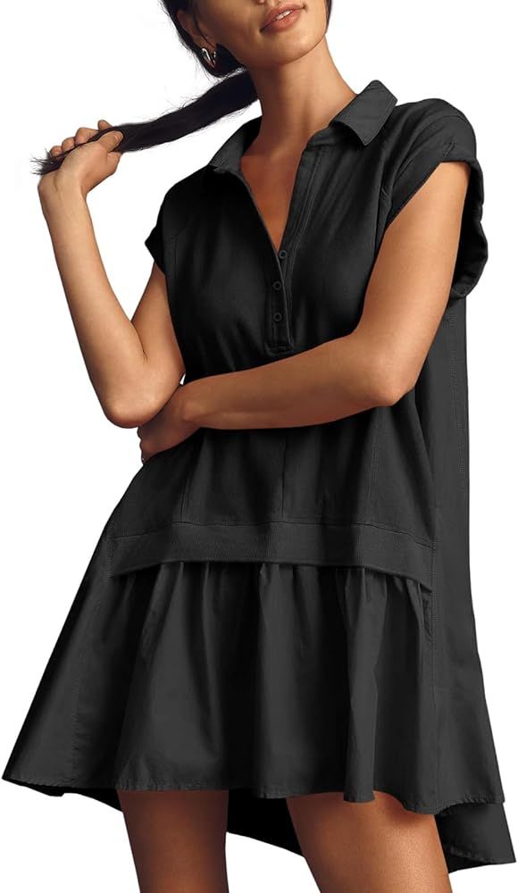 Fisoew Womens Summer Sweatshirt Dresses Short Sleeve V Neck Casual Oversized Patchwork Mini Dress | Amazon (US)