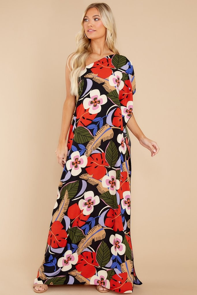 Palm Spring Paradise Black Multi Tropical Print Dress | Red Dress 