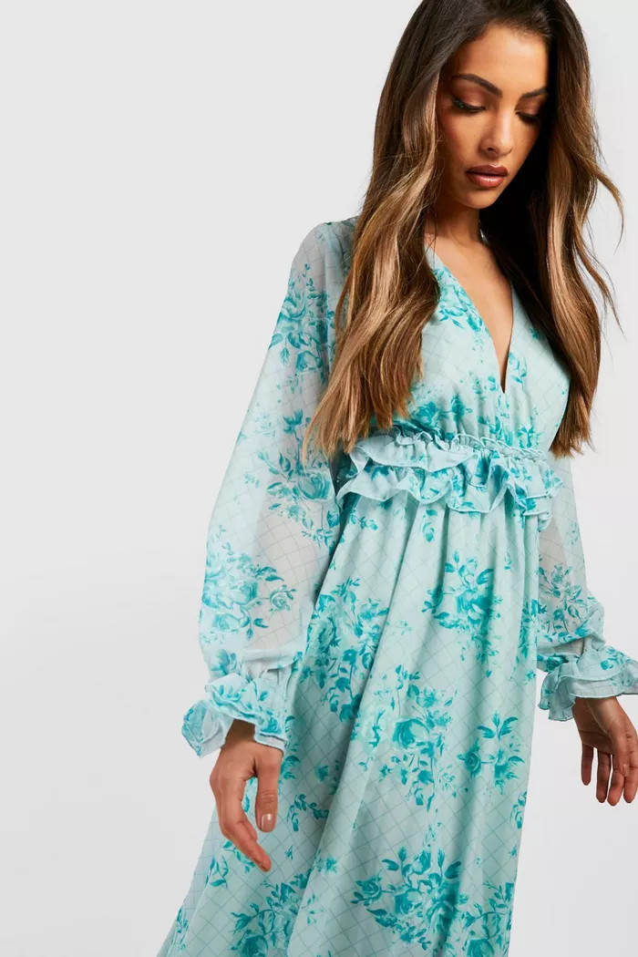 Printed V Neck Floaty Ruffle Midaxi Dress | Boohoo.com (UK & IE)