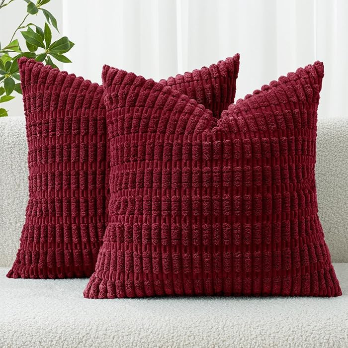 MIULEE Pack of 2 Christmas Burgundy Corduroy Decorative Pillow Covers 18x18 Inch Soft Boho Stripe... | Amazon (US)