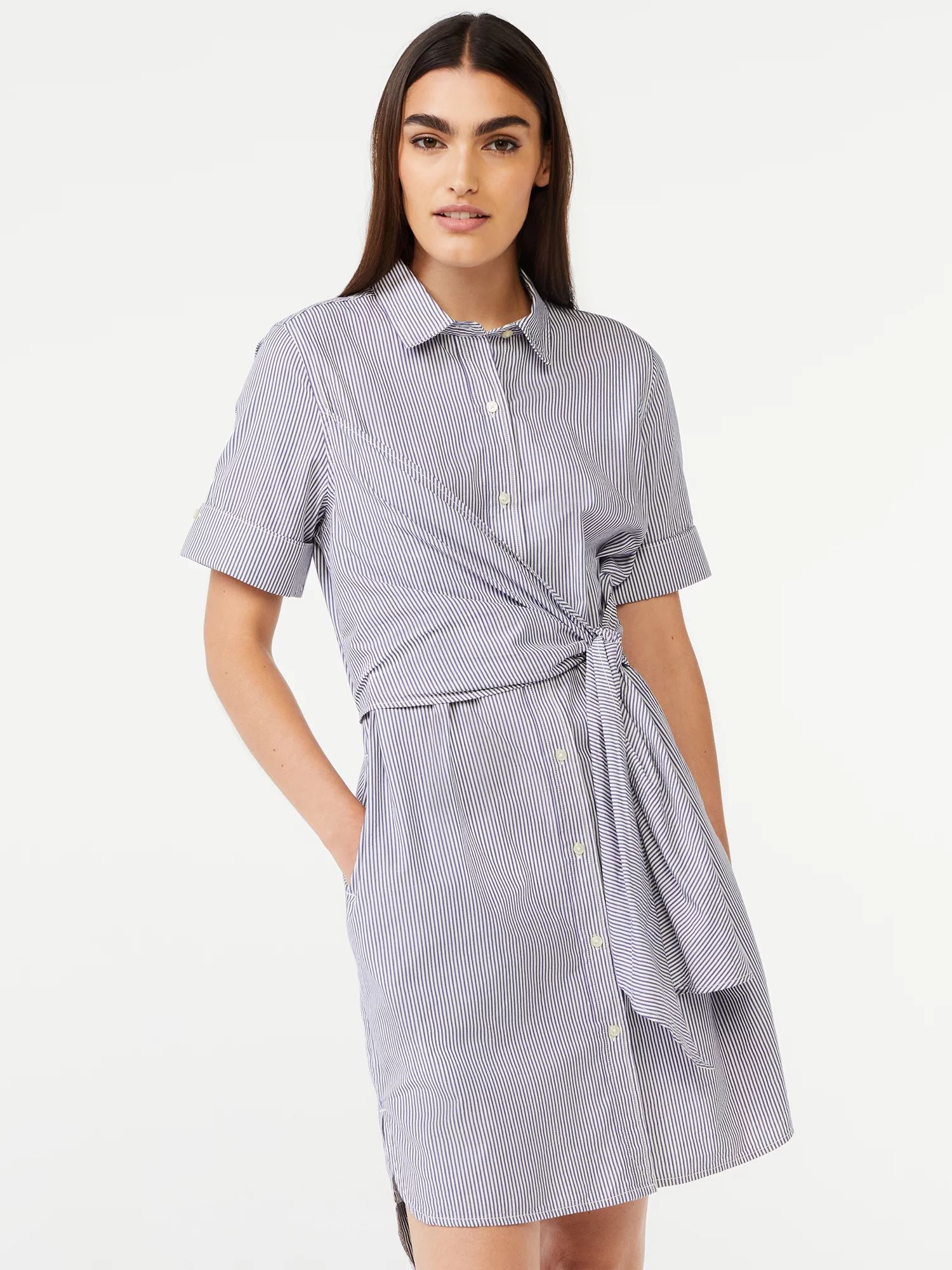 Free Assembly Women's Wrap Shirt Dress with Short Sleeves - Walmart.com | Walmart (US)