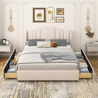 URTR Beige Wood Frame Upholstered Queen Size Platform Bed Frame with Wingback Headboard and 4 Dra... | The Home Depot