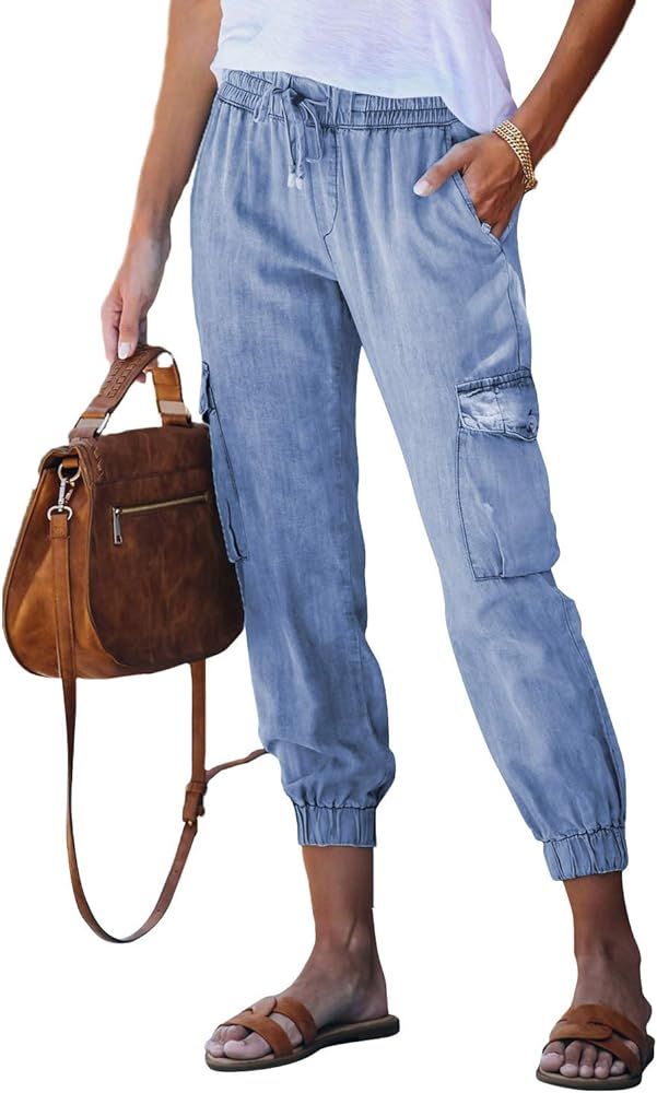 AZOKOE Women Drawstring Elastic Waist Distressed Denim Joggers Pants Loose Boyfriend Jeans with P... | Amazon (US)
