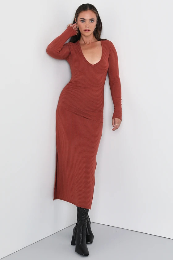 Sweet Versatility Rust Ribbed Long Sleeve Ruched Midi Dress | Lulus (US)