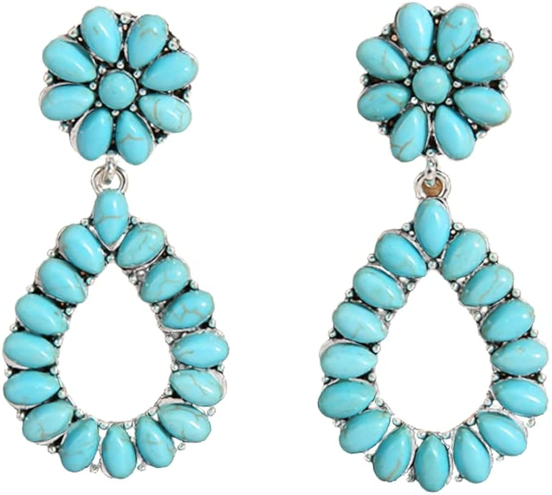 Boho Turquoise Oval Drop Dangle Earrings for Women Beaded Western Flower Teardrop Earrings Vintag... | Amazon (US)