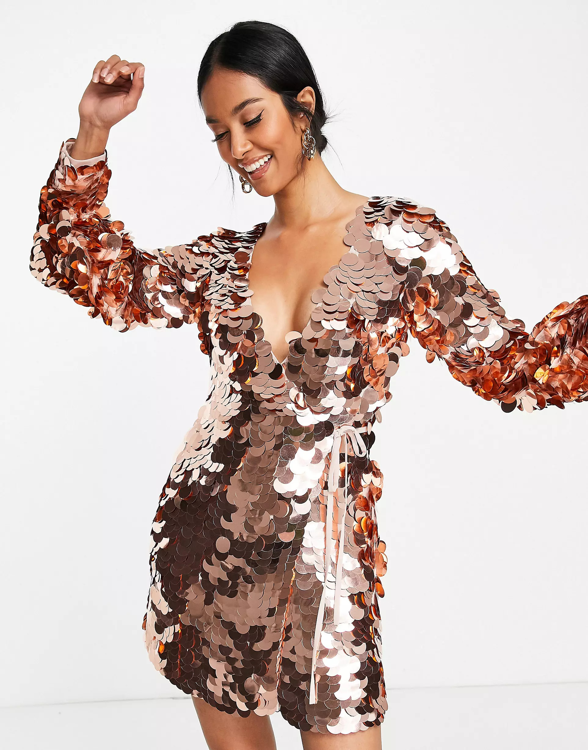 ASOS DESIGN embellished disc sequin mini wrap dress in blush | ASOS (Global)