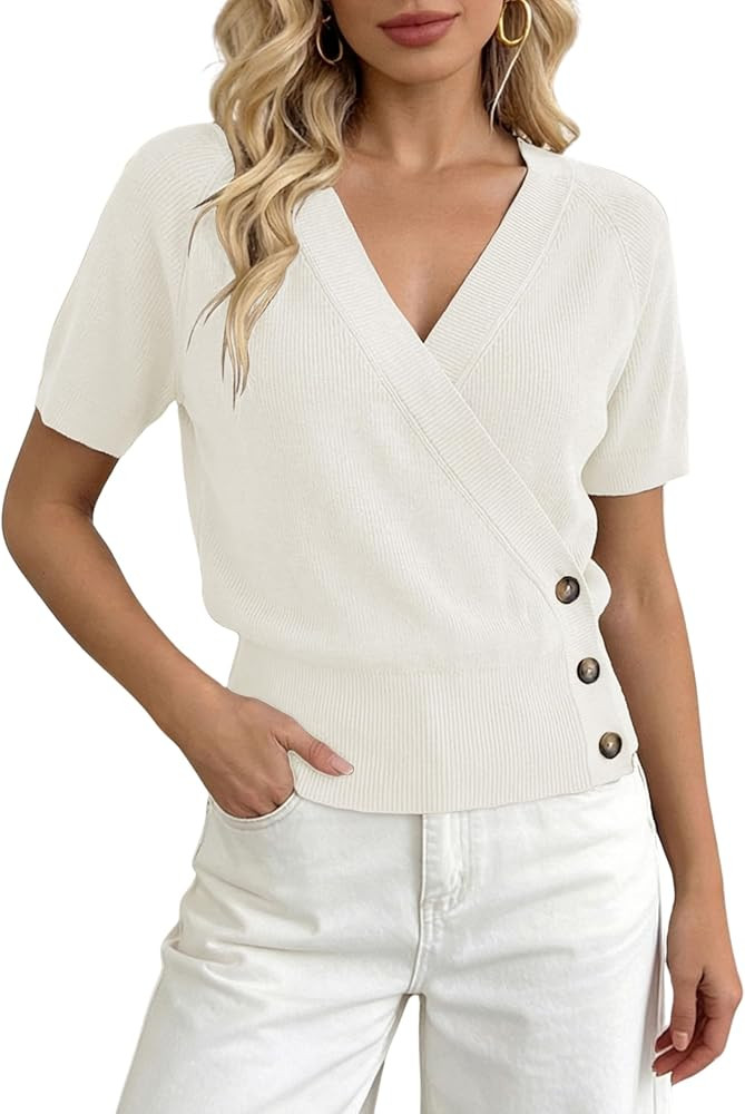 SCUSTY Women's Short Sleeve Knit Sweater V Neck Summer Casual Business Knitted Pullover Tops | Amazon (US)