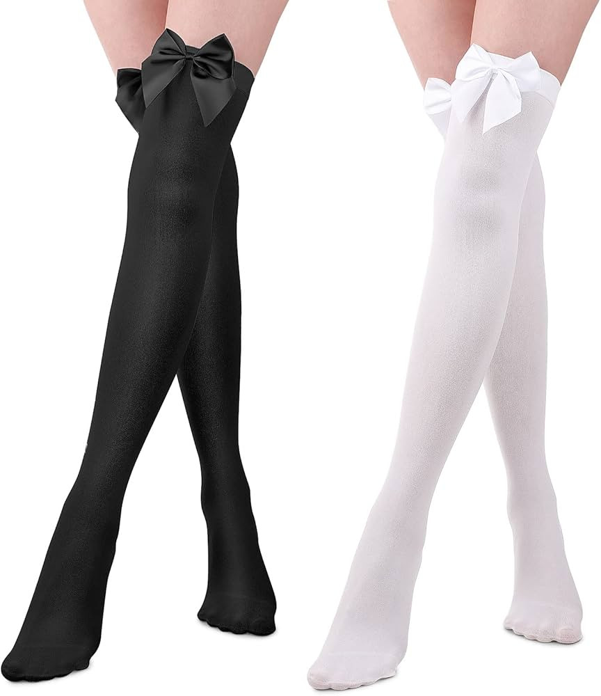 2 Pairs Opaque Bow Stockings Thigh High Stockings Black White Knee High Socks with Bows Women's K... | Amazon (CA)