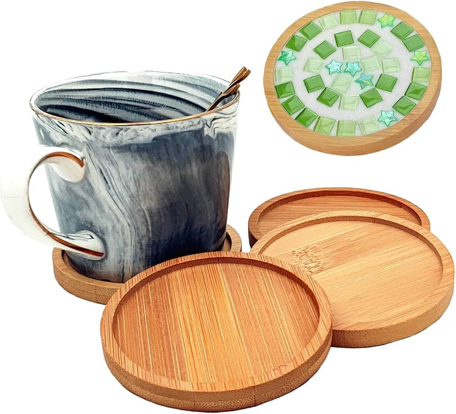 4PCS Mosaic Bamboo Coasters for Crafts, Blank Base Trays, Drinking Cup Coaster, Plant Coaster, Ar... | Amazon (US)