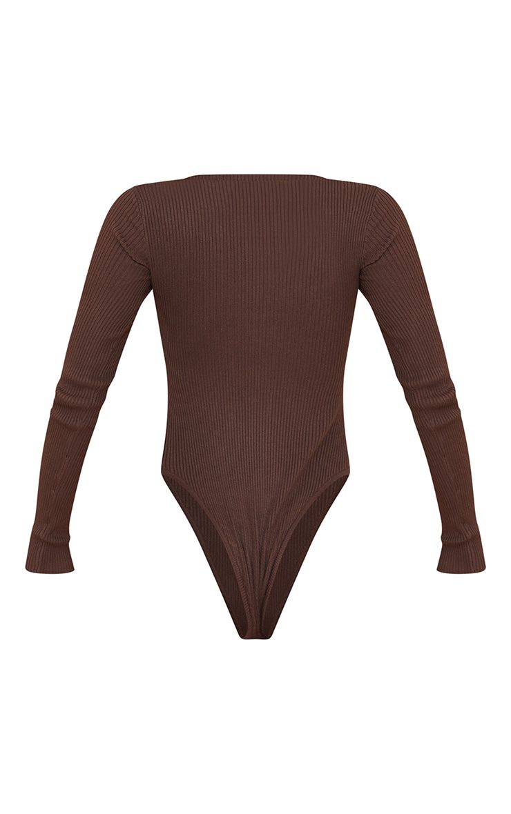 Chocolate Ribbed Knit Long Sleeve Bodysuit | PrettyLittleThing US
