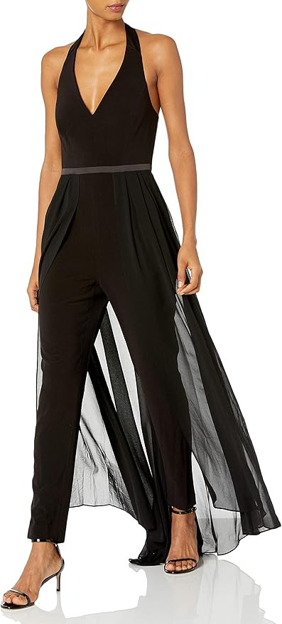 HALSTON Women's Halter Neck Crepe Jumpsuit with Georgette Overlay | Amazon (US)