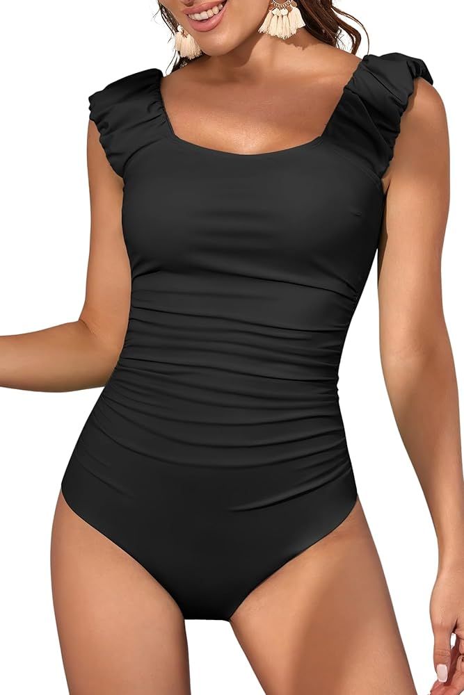Eomenie Womens One Piece Swimsuits Puffy Sleeves Tummy Control Bathing Suit Twist Back Swimwear | Amazon (US)