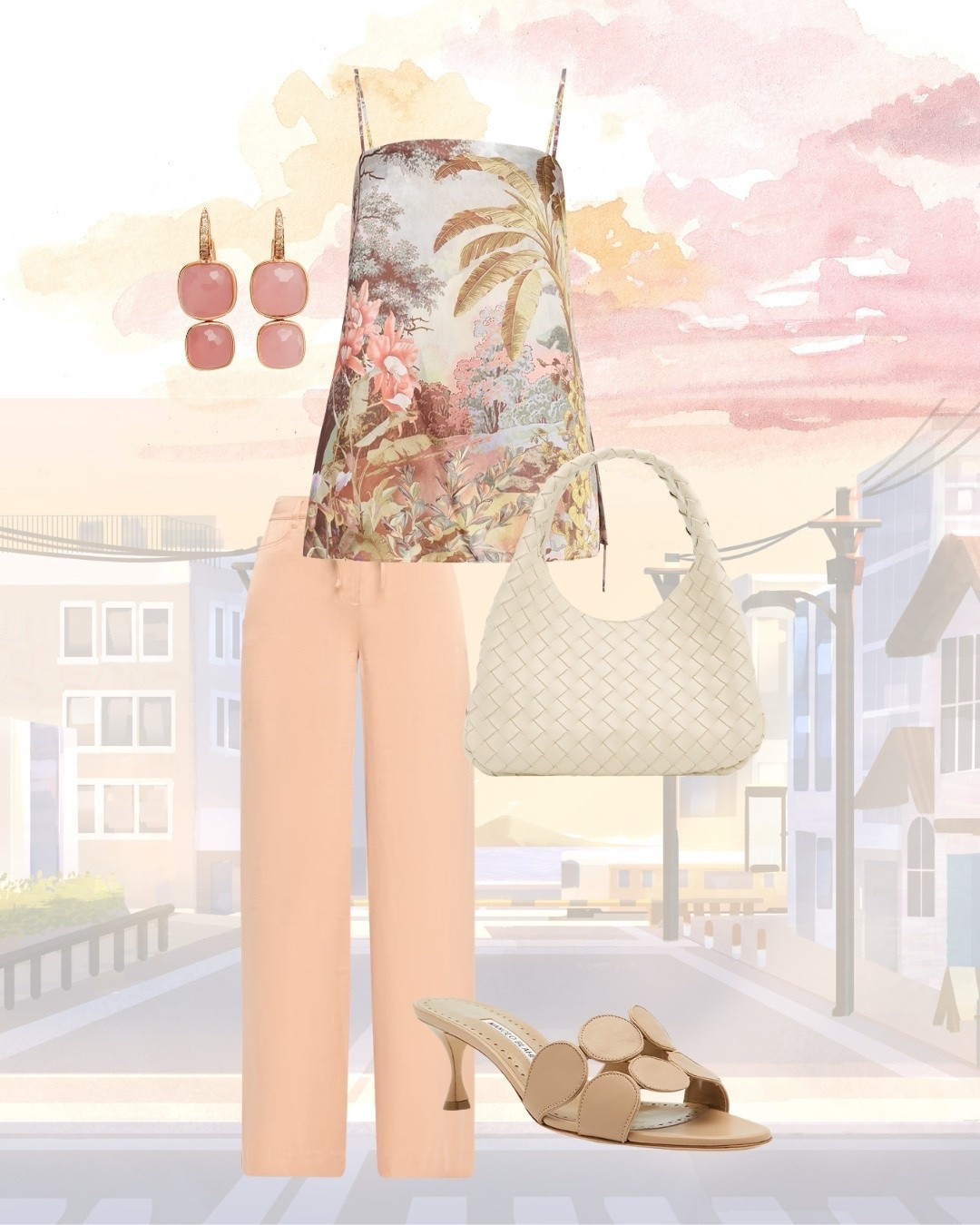 Styled Outfit for a day date or night out. Fun pattern balanced with neutrals. Perfect for a warmer evening or end of summer day. Would work for a vacation or trip.