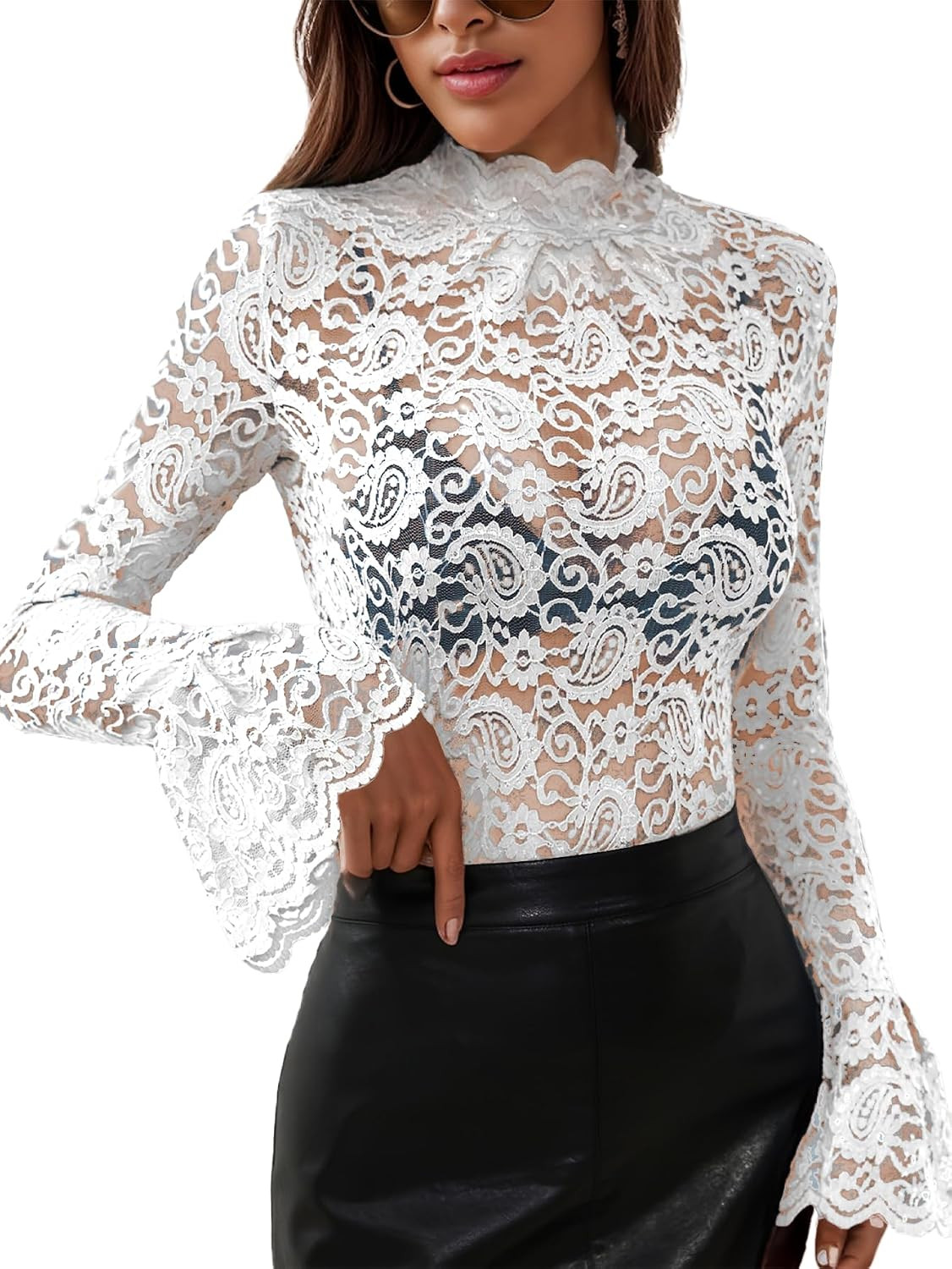 Women's Long Sleeve Lace Mesh Tops High Neck Sheer Floral Blouse Shirt | Amazon (US)