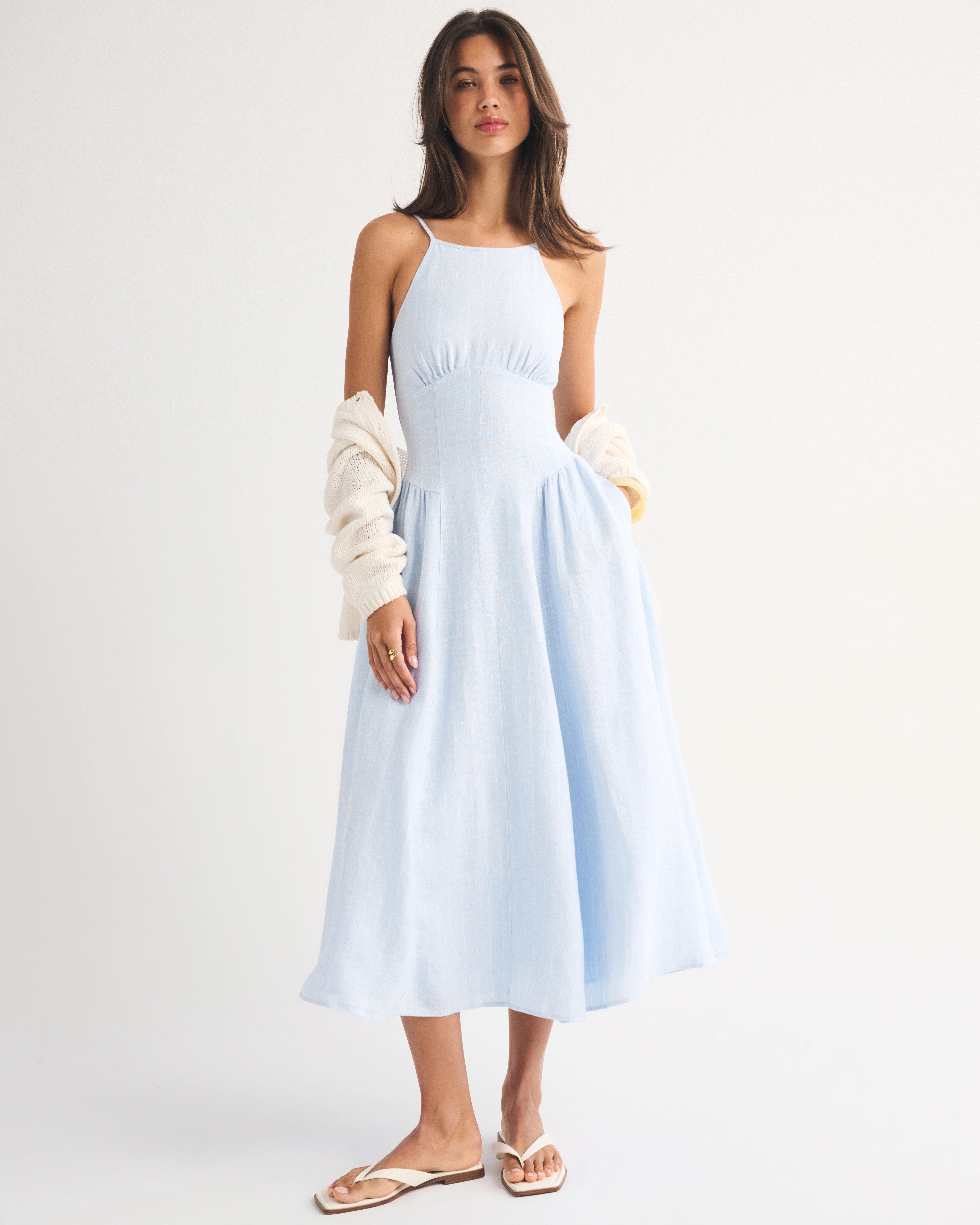 100% Linen A&F Dylan Halter Midi Dress | Abercrombie & Fitch (US)