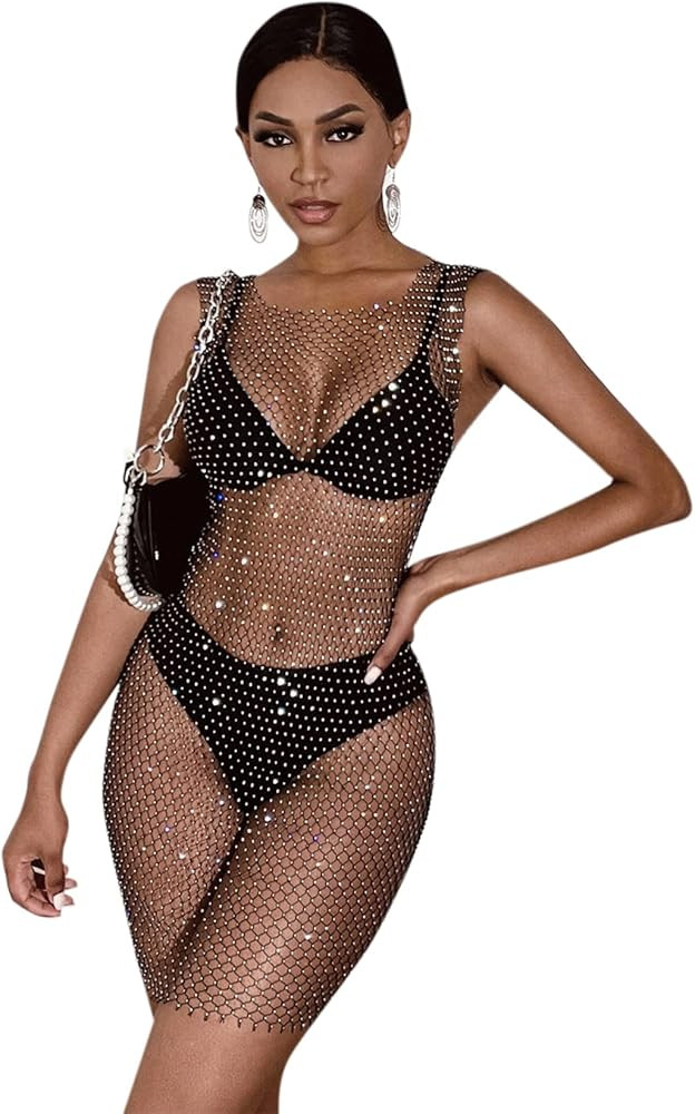 Women Sexy Rhinestone See Through Mesh Dress Bikini Swimsuit Cover Up Rave Festival Club Midi Dre... | Amazon (US)