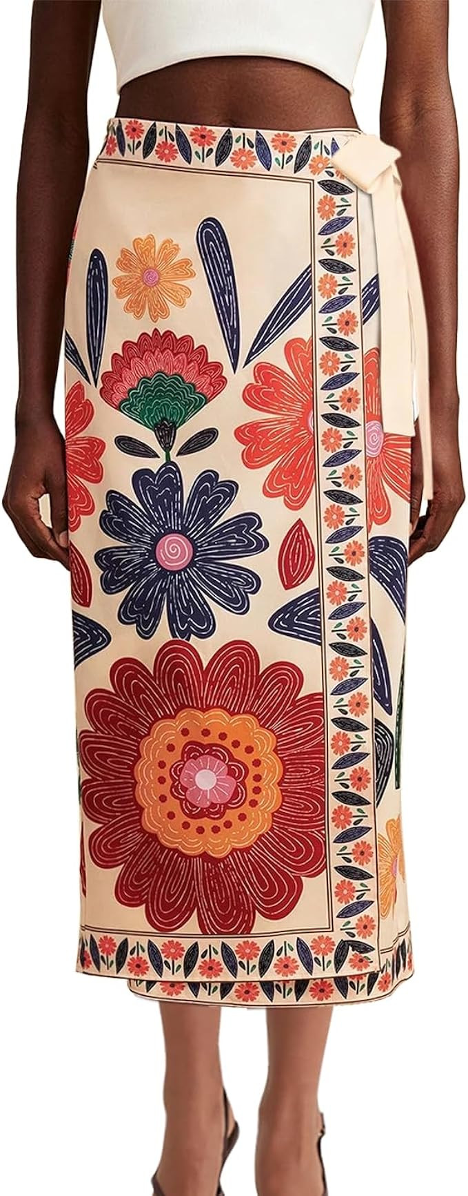 Womens Floral Wrap Midi Skirt Summer Adjustable Tie Side Casual High Waist A Line Beach Boho Long... | Amazon (US)