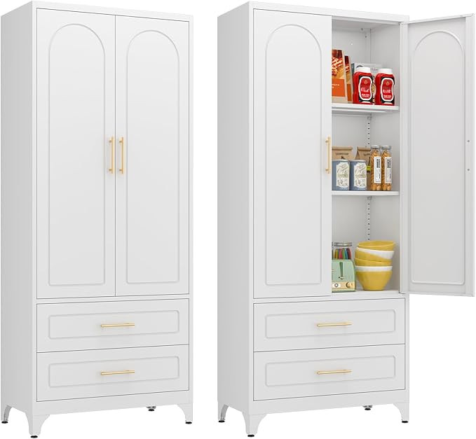 Kitchen Pantry Cabinet, 75" Tall Metal Pantry Cabinet with Two Drawers, Food Cupboards with Doors... | Amazon (US)