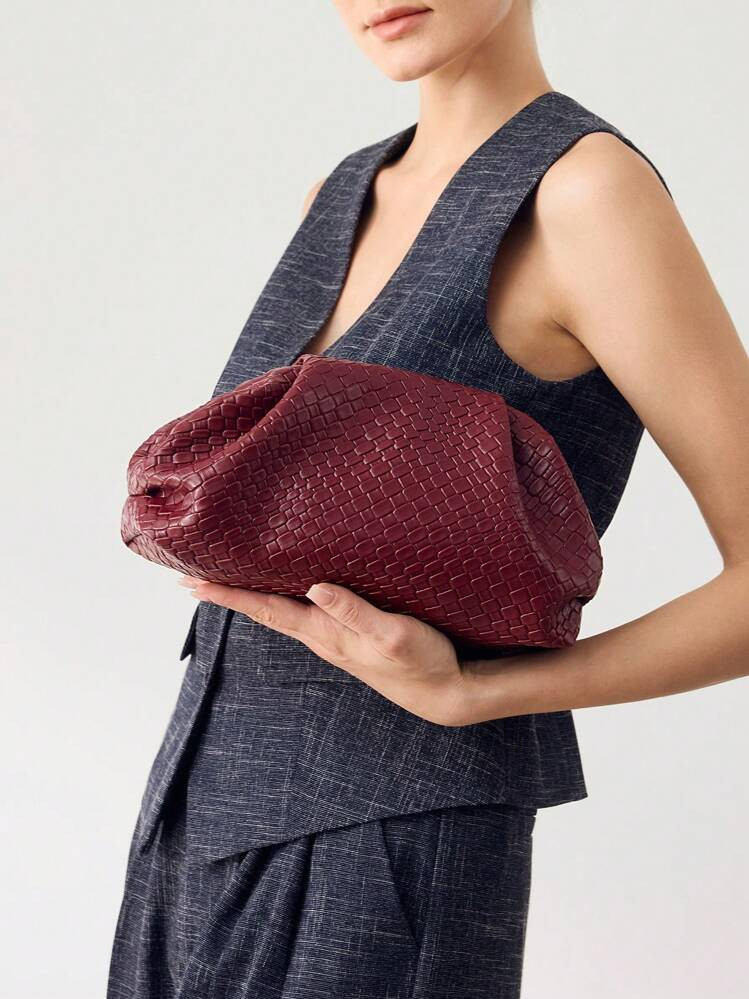 MOTF PREMIUM WOMEN'S FASHIONABLE WINE RED TEXTURED CLUTCH HANDBAG | SHEIN