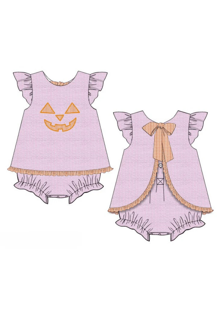 Pre-Order Seersucker Jack O Lantern Skirted Bubble | The Smocked Flamingo